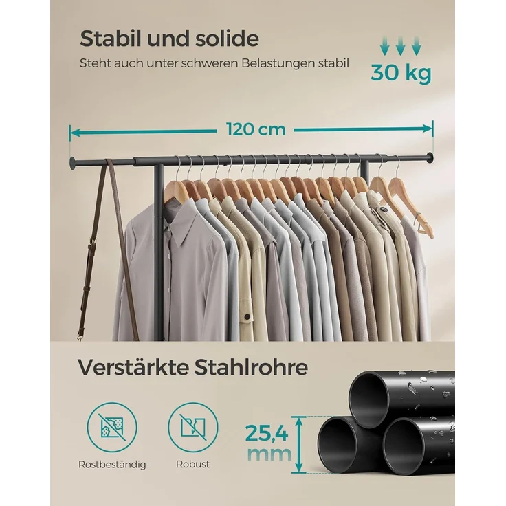 SONGMICS Kleiderständer auf Rollen, ausziehbare Kleiderstange, Garderobenständer aus Stahlrohren, erhöhte Ablagestange, 40 x (83-120) x 156 cm, tintenschwarz HSR134B01 – Bild 4