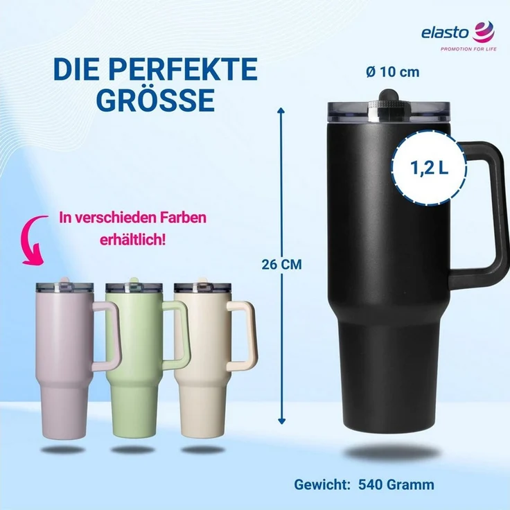 elasto Becher Edelstahl Trinkbecher mit Deckel und Strohhalm 1,2 Liter, isoliert, robust, für unterwegs – Bild 3