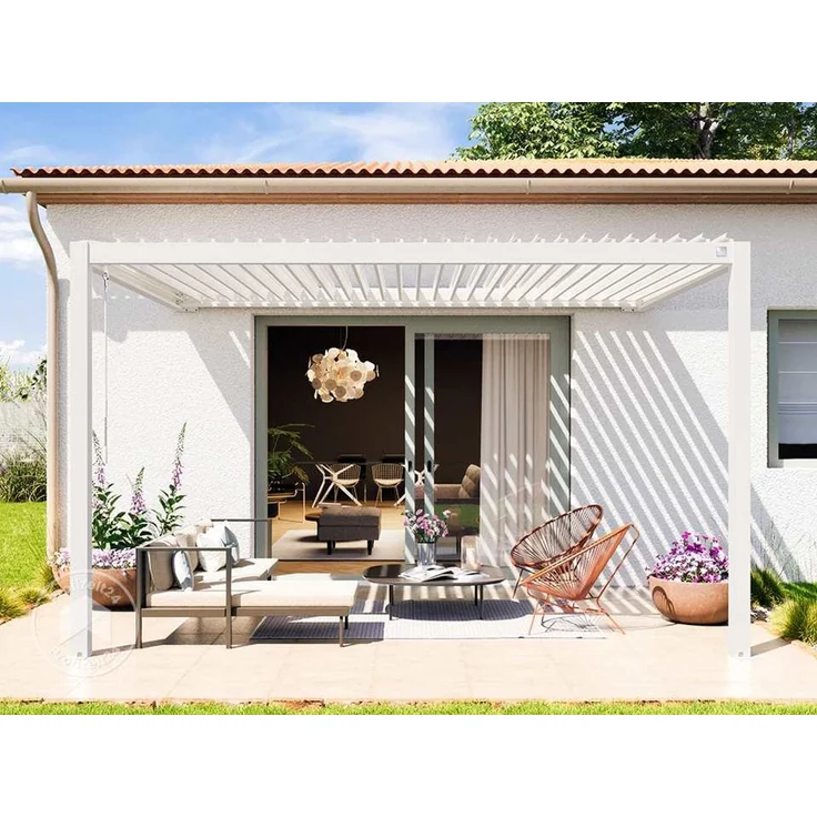 PRIMEYARD Terrassenüberdachung 3x4 m Aluminium-Pfosten mit Lamellendach aus Stahl weiße Anbau-Pergola – Bild 2