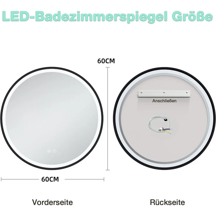 GIMBELEN LED Badezimmerspiegel 60 cm, runder Wandspiegel mit Beleuchtung, 3 Lichtfarben, dimmbar, Memory-Funktion, HD-Sicherheitsglas, IP44, Schwarz – Bild 5
