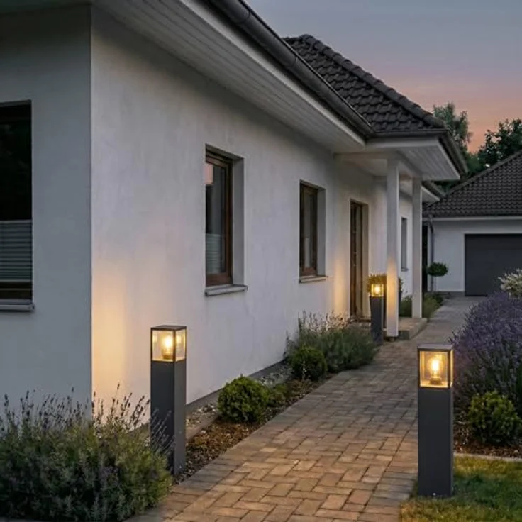 Lampenwelt Lucande Wegeleuchte/Pollerleuchte, spritzwassergeschützt IP54, 65 cm, 1x E27 max. 15W, ohne Leuchtmittel, Aluminium/Glas für Garten und Hof – Bild 3