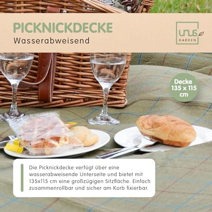 UNUS GARDEN Picknickkorb Weidenkorb für 2 Personen (Abmessung 28/40x32x48cm (HxBxL), inklusive Picknickdecke und inklusive Besteck, Geschirr, uvm. – Bild 6