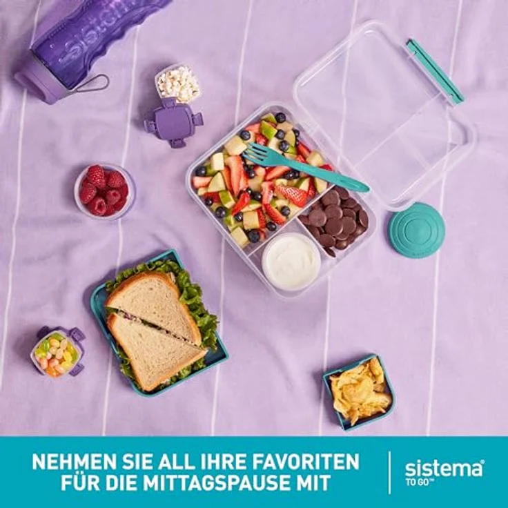Sistema Bento Box TO GO Brotdose mit Fächern | 1,65 L Lunchbox mit Joghurt- /Fruchtbehälter | Lunchbox Kinder & Erwachsene | Blaugrün – Bild 3