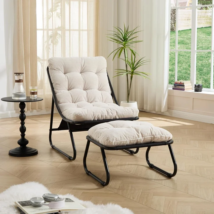 LVHOM Sessel mit Hocker, Gepolsterter Loungesessel aus Cord mit Metallgestell, ergonomischer Relaxsessel für Wohnzimmer und Schlafzimmer, Weiß – Bild 1