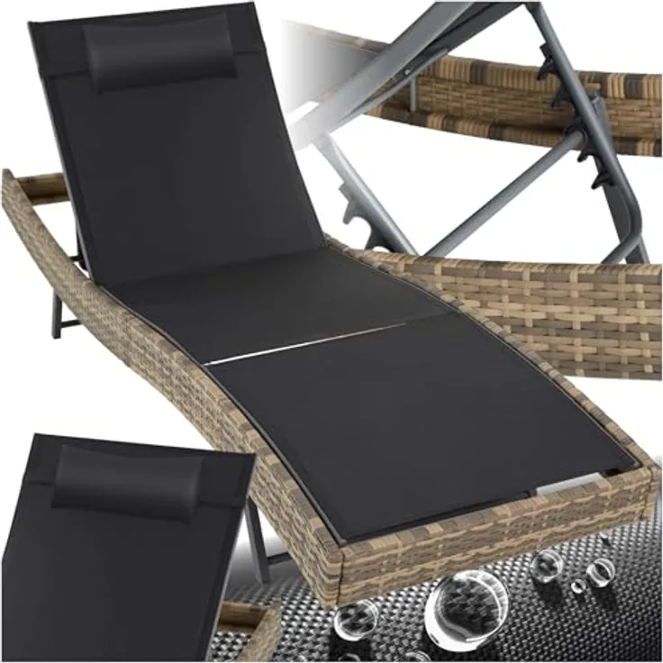 tectake® Sonnenliege, 6-Fach verstellbare Rückenlehne, Gartenliege wetterfest, Poolliege mit Kopfkissen, Outdoor Liege, UV-beständig, Strandliege für Garten, Terrasse und Balkon - Natur