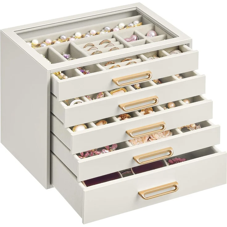 SONGMICS Schmuckkästchen aus Holz mit Glasdeckel, Schmuck Organizer mit 5 Ebenen, 24 x 17,2 x 18,4 cm, Cremeweiß – Bild 1