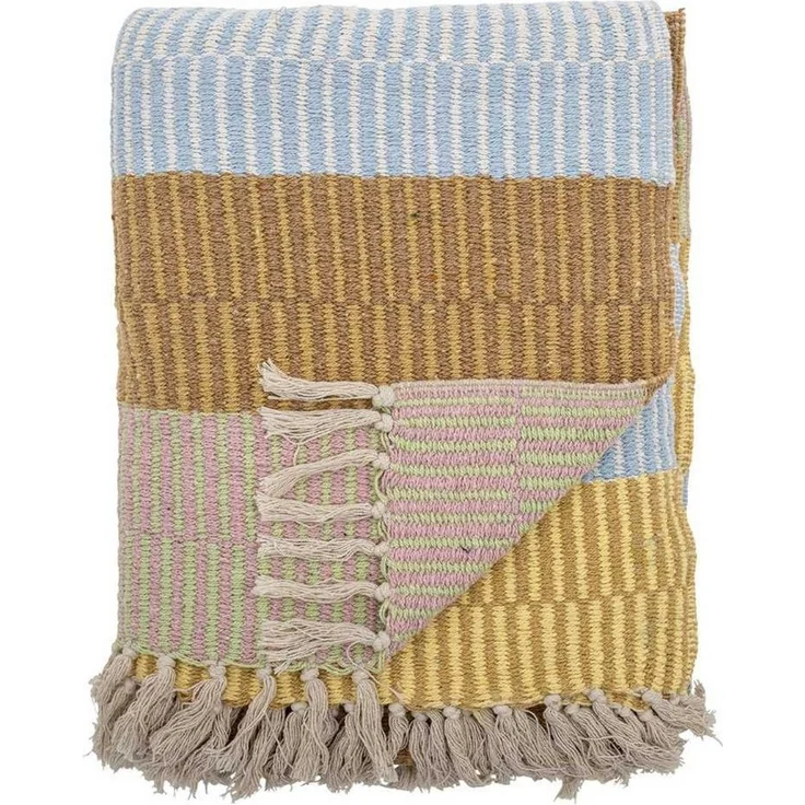 Creative Collection Bloomingville Decke ISNEL Gelb Blau Braun Gestreift 160x130 cm Wolldecke Plaid – Bild 1