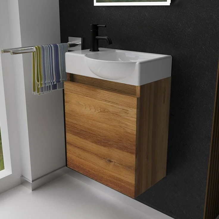 Alpenberger Badmöbel-Set Gäste WC Waschbecken mit Unterschrank - Hängeschrank Vormontiert, (Washbasin - Waschtisch Set, Schmales Waschbecken mit Unterschrank), Waschbecken mit Unterschrank Holzoptik - Gäste WC Set – Bild 5