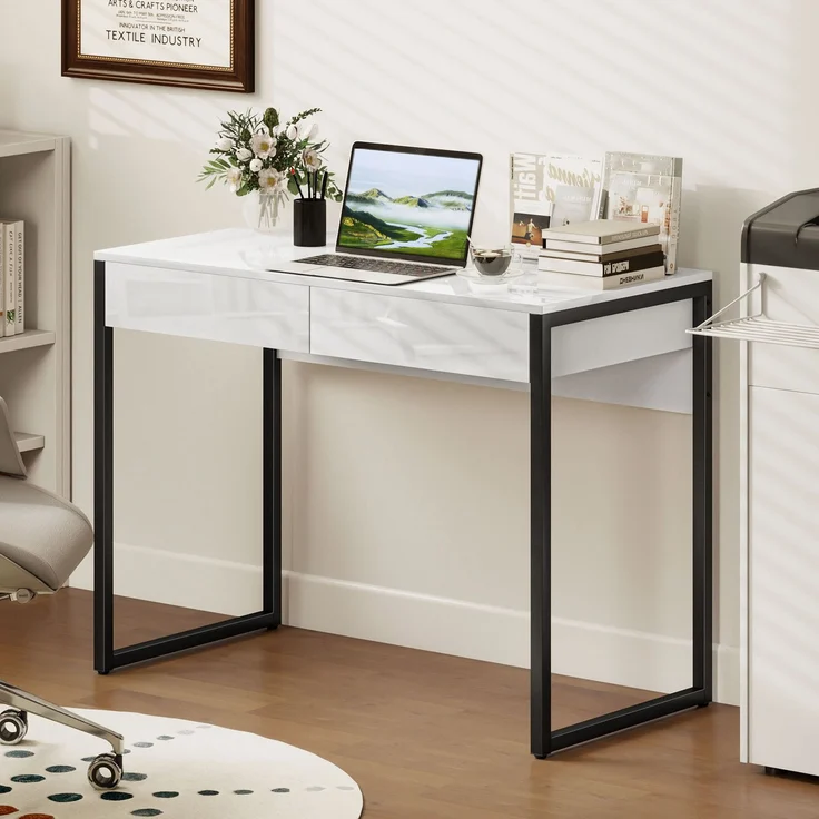 MELAYR, Schreibtisch 100 x 50 cm Computertisch Bürotisch mit 2 Schubladen, für kleine Räume, Schwarz – Bild 4