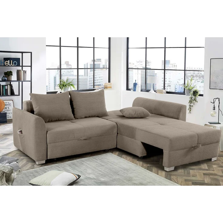 Ecksofa L-Form Couch Polsterecke Schlaffunktion Bettkasten in Cord Braun Taupe – Bild 4