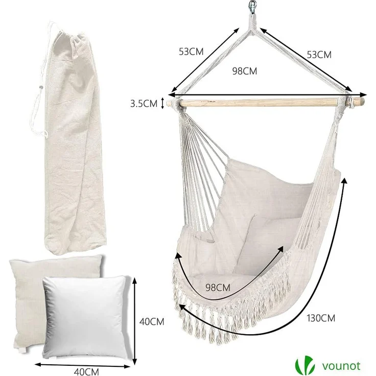 VOUNOT Hängesessel mit 2 Kissen & Bücherfach, Hängestuhl XXL Hängematte Hängeschaukel für Indoor Outdoor Garten, Beige – Bild 4
