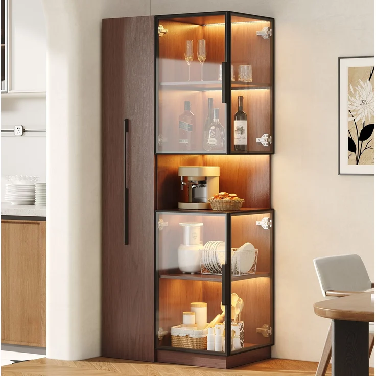 Vitrinenschrank 70x38x160 cm in Walnussoptik mit LED-Beleuchtung und ausziehbaren Seitenregalen – Bild 2