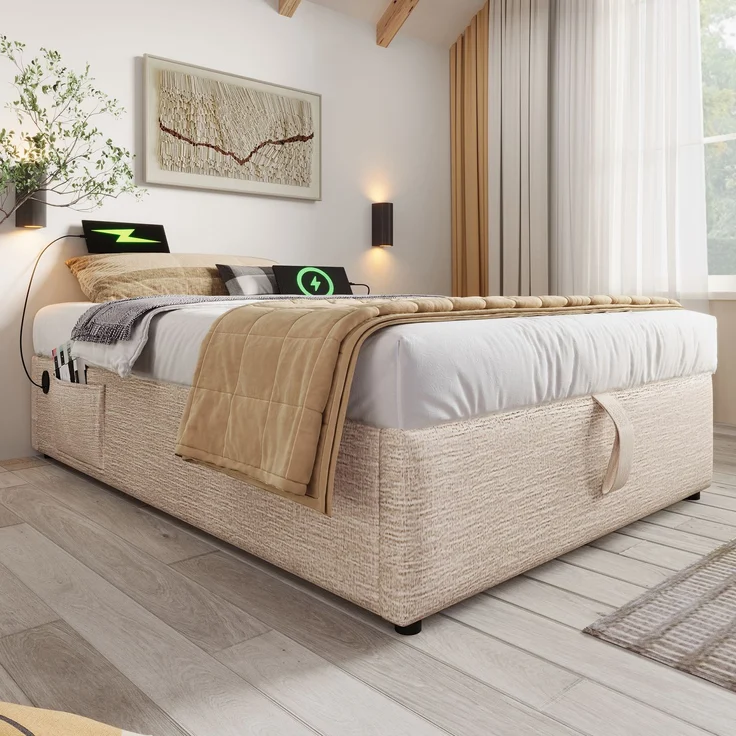 Polsterbett Einzelbett 90×190 cm, Struraumbett Bettgestell mit USB- C und Vollflächiger Lattenrost, Ohne Kopfteil, Leinen, Natürlich – Bild 4