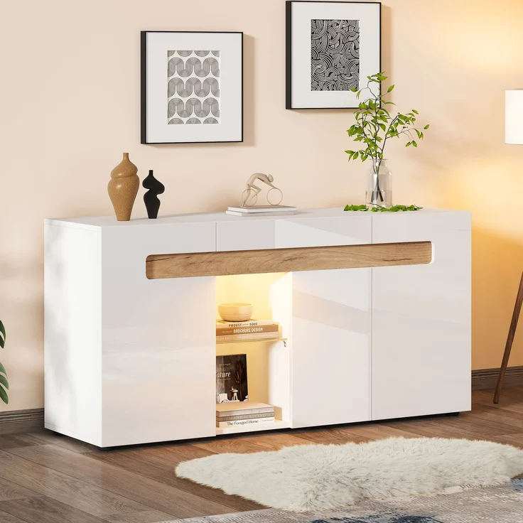 ZUBALIYA Sideboard 140x40x70 cm, mit LED-Beleuchtung, mit App-Steuerung, Hochglanz, aus Spanplatte, Weiß / Natur – Bild 9