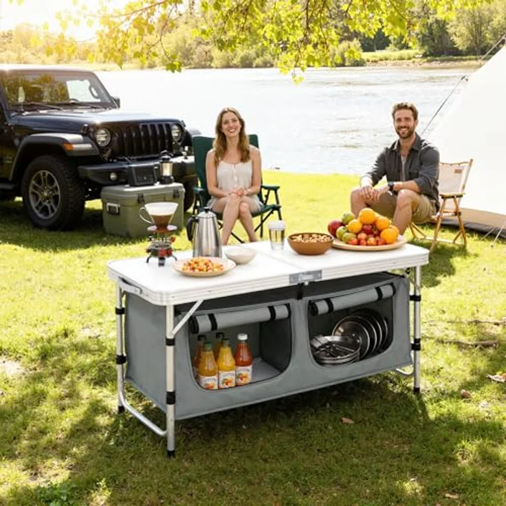 WOLTU faltbar Campingschrank Alu Campingtisch Höhenverstellbar mit Stauraum, Outdoor Campingmöbel Klapptisch Gartentisch für Picknick Strand im Freien, Weiß+Grau – Bild 3