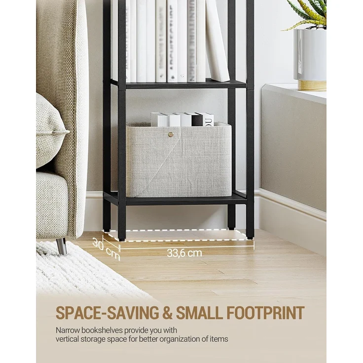 Bücherregal, 6 Ebenen Standregal, DVD-Regal, Schmale Regale, Offenes Regal, Industriestil, Metallrahmen, Geeignet für Arbeitszimmer, Wohnzimmer, Schlafzimmer, Küche, Schwarz – Bild 6