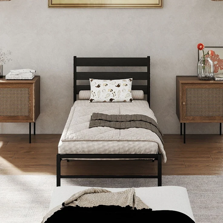 Metallbett 90x200 cm mit MDF-Kopfteil, Lattenrost und 15 cm Matratze, Schwarz – Bild 3