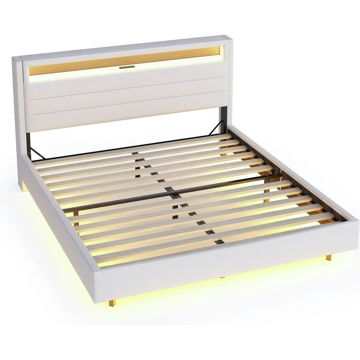 Polsterbett 160x200 cm mit USB-Steckdose und LED-Licht, wendbares Kopfteil, verdecktes Fußteil, Doppelflachbett, Jugendbett, Erwachsenenbett, Leinenstoff Beige – Bild 7