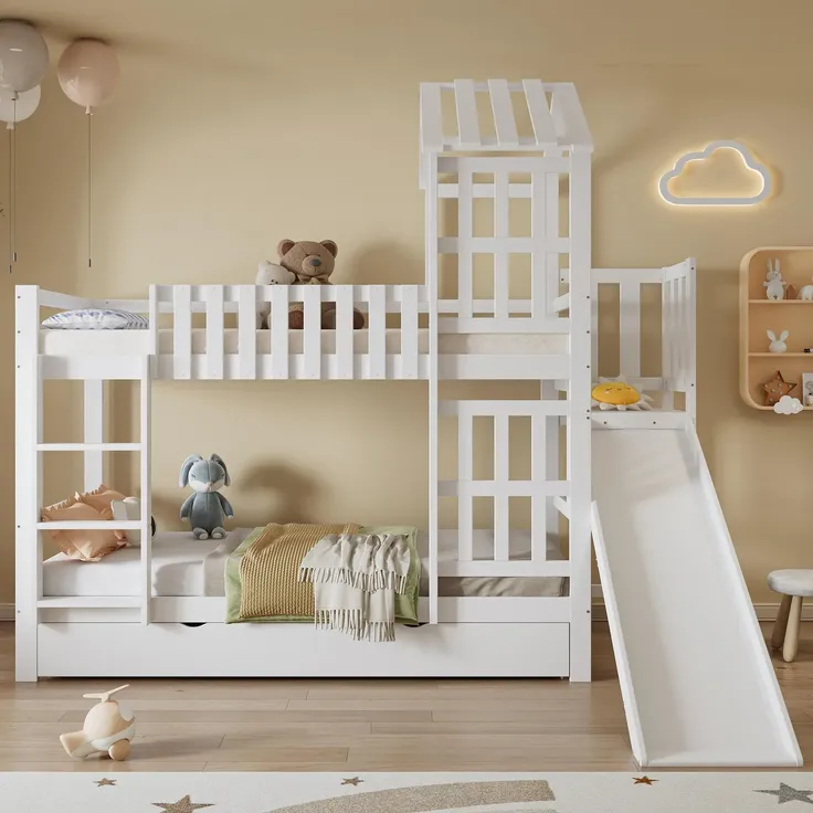 Etagenbett mit 2 Schlafgelegenheiten und Lattenrost, 90x200 cm, Kinderbett mit Rutsche, Schubladen und Rausfallschutz, Spielbett, Kiefer – Bild 3