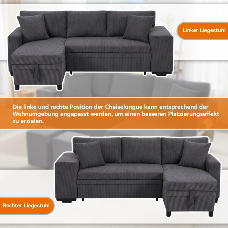 Merax Klappsofa mit Schlaffunktion, L-förmiges umbaubares Ecksofa mit USB-Ladeanschluss und Kissen, 3-Sitzer-Umbausofa mit Seitenablagen und Stauraum, Grau – Bild 8