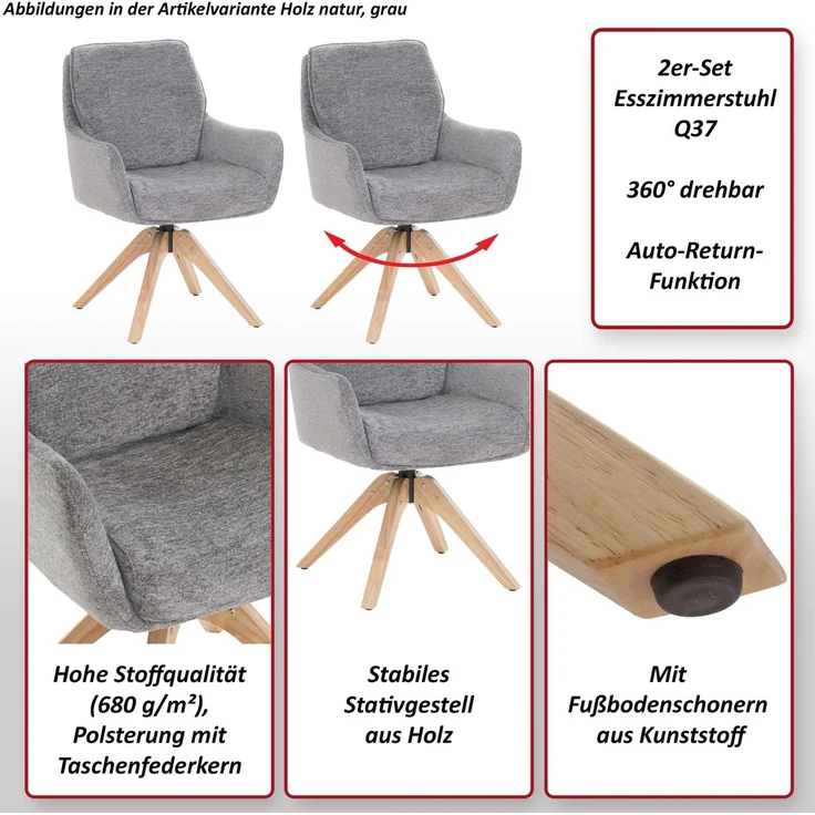 2er-Set Esszimmerstuhl HWC-Q37, Küchenstuhl drehbar Auto-Return, Stoff (680g/m²) Chenille Öko-Tex Holz MVG ~ senfgelb – Bild 2