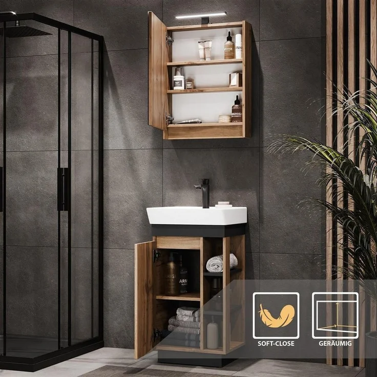 Planetmöbel Badmöbel-Set Badmöbel Set Nyx Waschtisch 50 cm Wotan Eiche / Anthrazit, (50cm Waschtisch, 1-St), Badezimmer Waschtisch 50 cm – Bild 2
