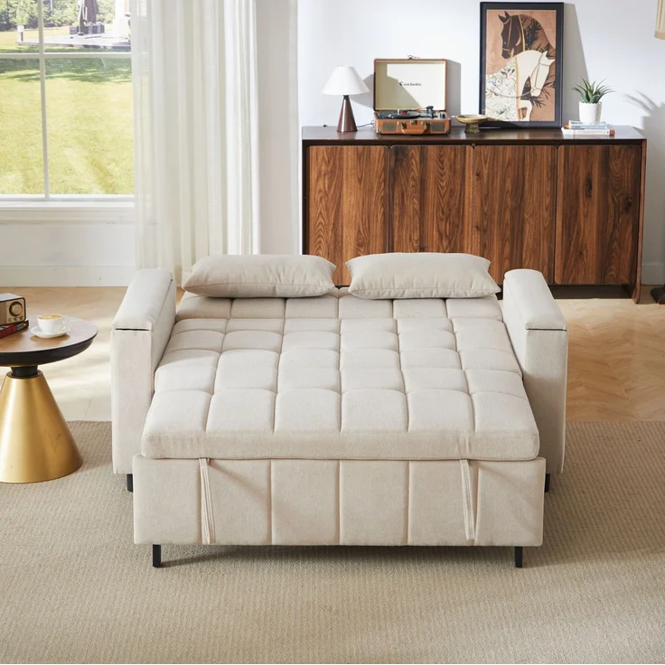 Schlafsofa Chenille, 3-in-1 mit Armlehnen-Stauraum, 148,6x81,3x86,4 cm, Beige – Bild 4
