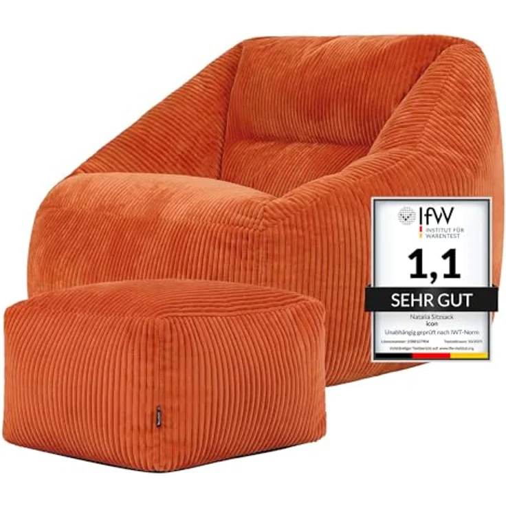 Icon Natalia Sitzsack Sessel mit Hocker für Erwachsene, Orange, Flauschiger Cord Stoff, Riesen Sitzsack Cord mit Füllung, Bean Bag Chair, Bequemer Sessel Wohnzimmer, Lounge, Schlafzimmer, Büro – Bild 6