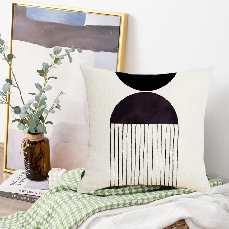 Kissenbezüge 45×45 cm 4er-Set Boho Schwarz/Beige, Mid-Century Arch Sun, Baumwoll-Leinen, Sofa Deko – Bild 4