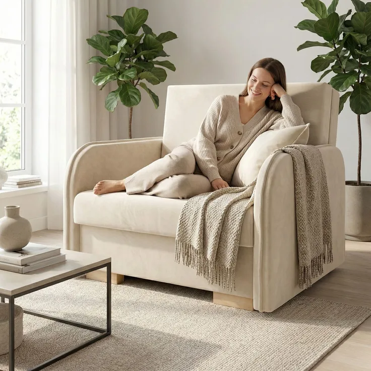 Wohnero 24 Goldi 1 Premium Schlafsessel 90x100 cm mit Schlaffunktion & Bettkasten – Hochwertiger Klappsessel 80x195 cm, Design Sofa Creme