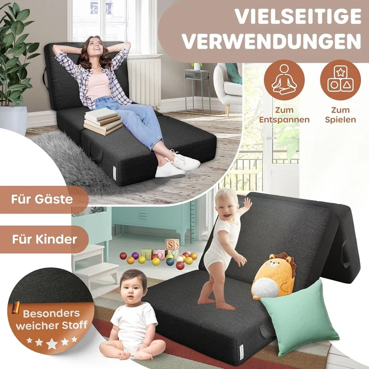 KESSER® Klappmatratze Gästematratze 3-fach Faltmatratze faltbar zum Sitzhocker | Schaumstoff 25kg/m³ extra dick 15cm atmungsaktiv waschbar abnehmbarer Bezug | Matratze inkl. Camping Tragetasche Schwarz, 90 x 200 x 15 cm – Bild 6