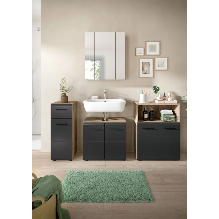 Badkombination (B/H/T: 180x185x30 cm) in schwarz matt und Nox Oak Nachbildung – Bild 6