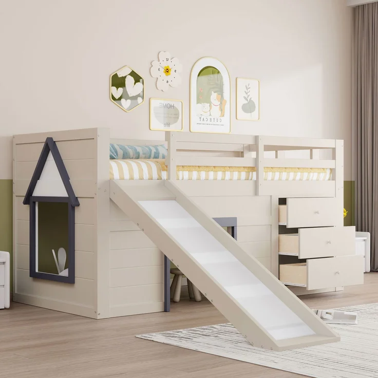 Merax Etagenbett Hochbett 90x200cm mit Rutsche, Kinderbett Hausbett mit 3 Schubladen, mit Rausfallschutz und Lattenrost, Stockbett Creme – Bild 2
