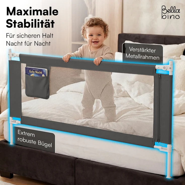 Bellabino 'Drina' Bettschutzgitter, Rausfallschutz klappbar & höhenverstellbar, aus Oxford-Stoff & Metall, 150 cm, dunkelgrau – Bild 4