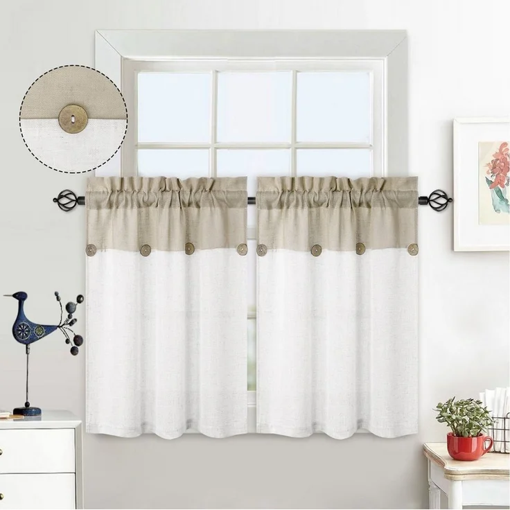 GarveeMore Gardine Scheibengardine Landhaus Fensterdeko Patchwork Querbehang Panneaux (1 St), halbtransparent, Aus Leinen-Mix mit Knopf, zweifarbig gestreift, für Küche oder Bad – Bild 3