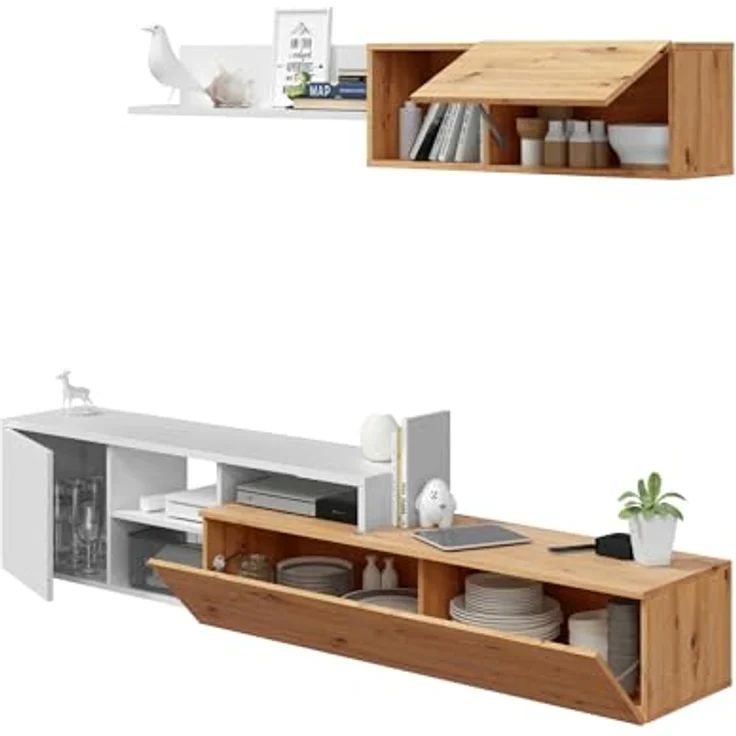 Dmora - Wohnzimmermöbel Miami, Wohnmöbel mit umkehrbarem TV-Ständer, Wohnzimmerkomposition mit Schrankwand und Regal, 220 x 40 x 44 cm, Eiche mit Asteffekt und Weiß – Bild 7