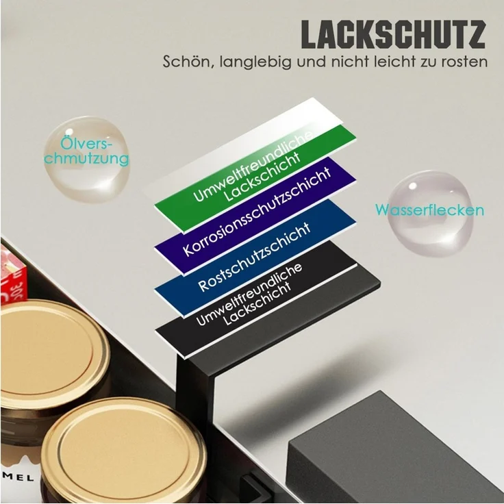 PFCTART Küchenorganizer-Set Hängeregal Küchenregal für Kühlschrank – 3-lagig & Metall, (Set, 1-tlg, Für Kühlschrank, Schrank & Möbel – Schwarz, Edelstahl), Ohne Bohren, inkl. Küchenreling & 7 Haken, starke Klebebefestigung – Bild 3