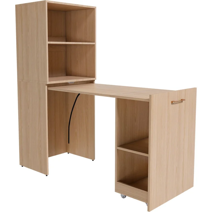 Ausziehbarer Schreibtisch mit Stauraumschrank und Rollen, 126x55x136 cm, Naturholz – Bild 6
