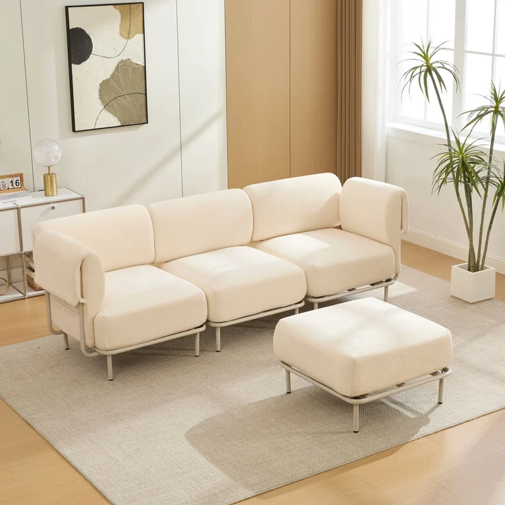 Modulares 3-Sitzer-Sofa mit Hocker, B 251 x T 155 x H 78 cm, beiger Chenille, flexibel kombinierbar – Bild 4