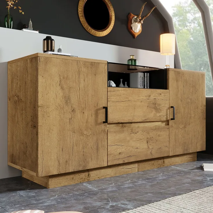 Merax Kommode Sideboard mit 2 Schubladen + 2 Schränken (innen höhenverstellbar) & offenem Fach - ESG-Glas & schwarze Griffe, H70/B140/T40 cm