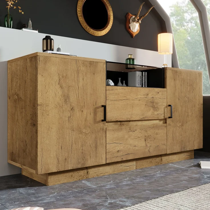 Merax Kommode Sideboard mit 2 Schubladen + 2 Schränken (innen höhenverstellbar) & offenem Fach - ESG-Glas & schwarze Griffe, H70/B140/T40 cm – Bild 1