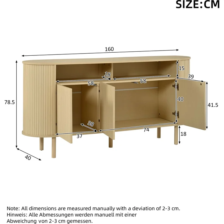 DESVIAE Sideboard Naturholz aus Spanplatte – 160x78,5x40 cm – 3 Wellentüren, offene Fächer – Bild 10