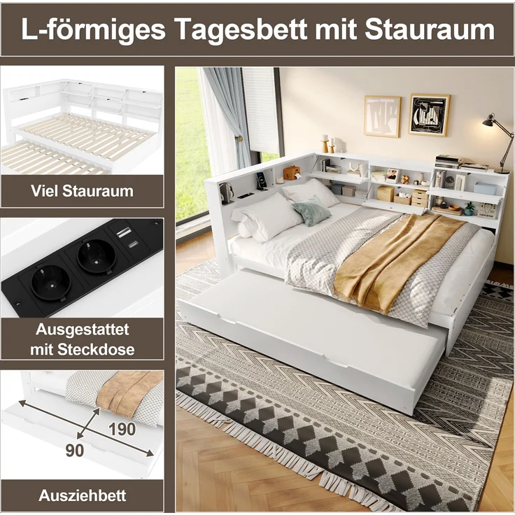 EINHOM Daybett, Schlafsofa, 140 x 200 cm, Kopfteil mit Staufach, Ausziehbares Bett, Weiß, (Ohne Matratze) – Bild 5
