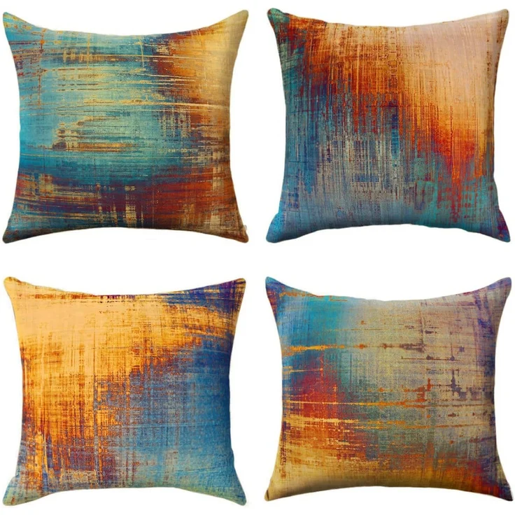 Kissenbezüge 40×40 cm 4er-Set Abstrakte Kunst Blau/Orange, Modern Sofa/Bett Deko – Bild 1