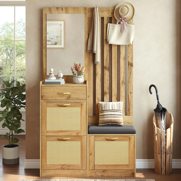 Faumrta Kompaktgarderobe mit Spiegel und Sitzbank,Flurgarderobe mit Schuhschrank und Haken, Kleiderhaken,Flurmöbel Set,Flurgarderobe. 99.5CM*26CM*180CMNaturalMDF (Medium-Density-Faserplatte) – Bild 2