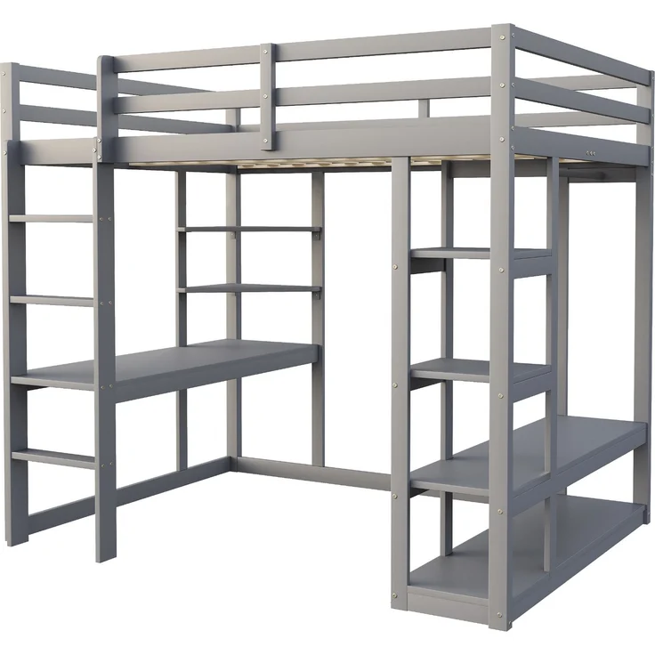 Hochbett 140x200 cm mit Schreibtisch und Stauraum,Kinder- & Jugendbett aus Massivholz,Leiter & Regale,Grau – Bild 8
