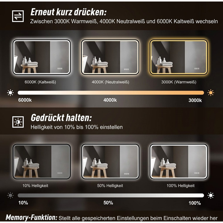 60×100cm LED Badezimmerspiegel mit schwarzem Aluminiumrahmen, Front- & Hintergrundbeleuchtung, Anti-Beschlag, 3 Lichtfarben, dimmbar, Memory-Funktion, horizontal & vertikal montierbar, IP44 wasserdich--Schwarz--100x60x4cm--YOUDENOVA – Bild 5
