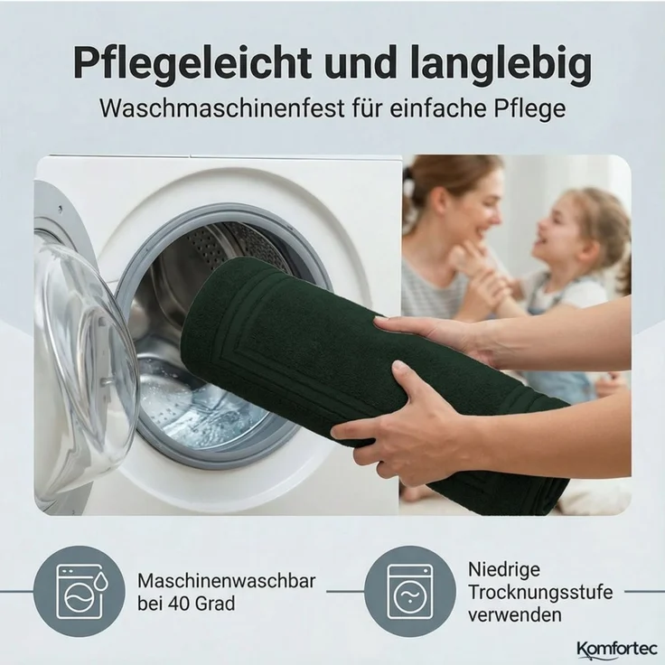 Komfortec Badvorleger Set 2 Teilig, Frottee Duschvorleger, Waschbar Duschmatte & Badteppich, 600 g/m² &100% Baumwolle, Saugfähig & Schnelltrocknend, 50x70 cm, Dungelgrün – Bild 3