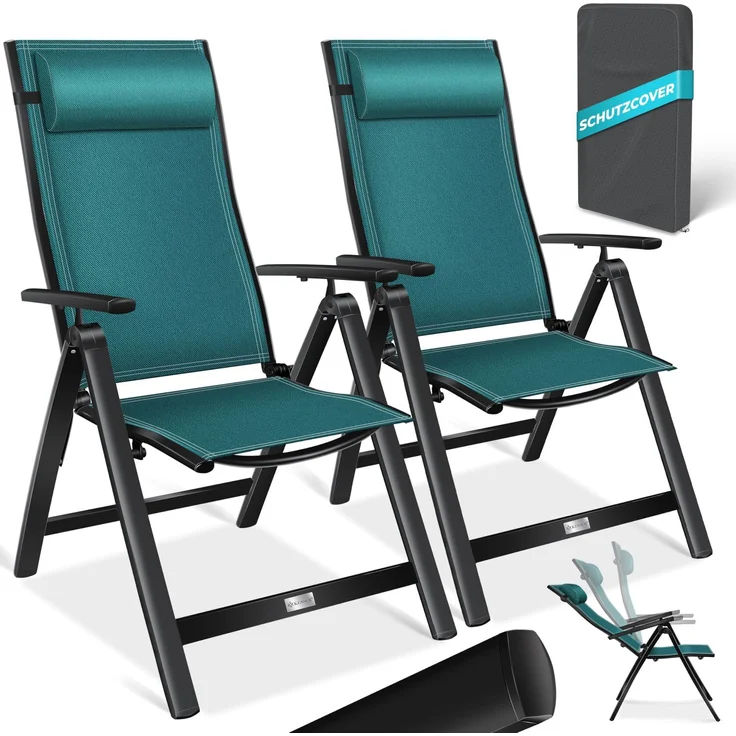 KESSER® Gartenstuhl Hochlehner mit Armlehnen | Aluminium Klappstuhl inkl. Kopfkissen Campingstuhl 7-Fach Verstellbar Rückenlehne | Atmungsaktiv & Wetterfest | Klappbar & Anti-Rutsch 2 Stück, Petrol Grün – Bild 1