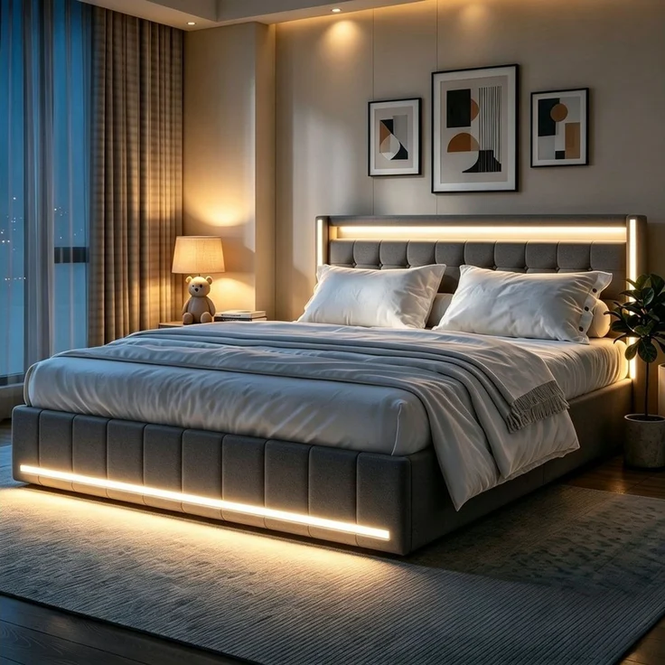 Simurq Polsterbett 180 x 200 cm Doppelbett mit LED Beleuchtung und Ladefunktion (Mit Komforthöhe Lattenrost, Leises Design Bett), Jugendbett 4 Schubladen Stauraumbett, in 2 Größen verfügbar – Bild 1